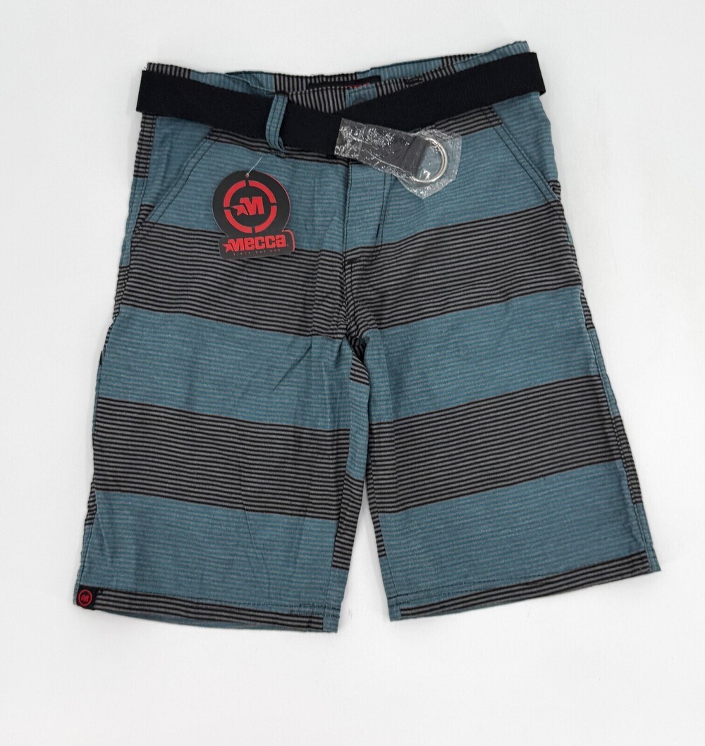 Mecca Shorts Boys 14 Blue Gray Striped Bermuda Web Belt D-Ring Pockets